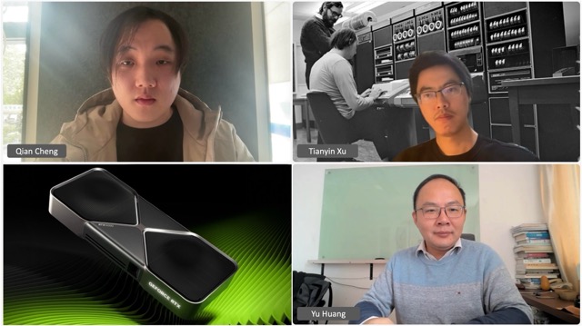 A virtual meeting screenshot showing the three winners of the TLAI+ GenAI Challenge along with their prize, an NVIDIA 5090 graphics card displayed in the bottom left corner.